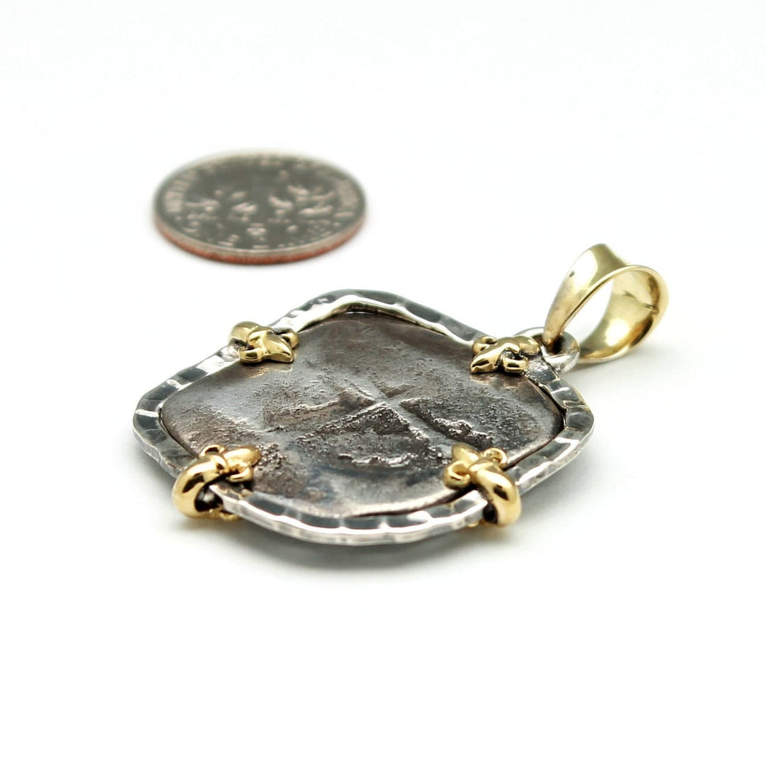 18K Gold Prongs, Sterling Silver Pendant, 1715 Fleet, Spanish Shipwreck Coin, ID14029