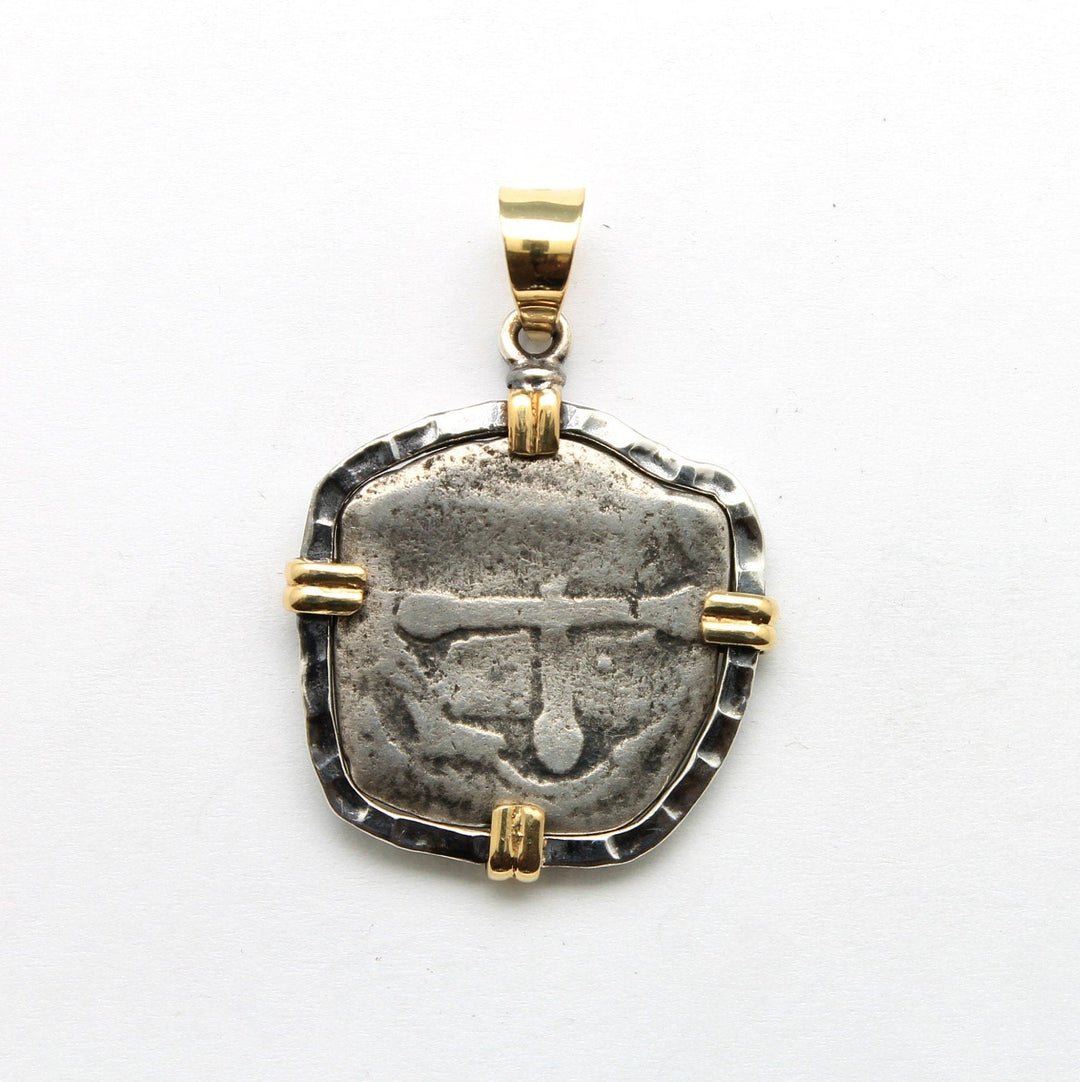 18K Gold Prongs, Sterling Silver Pendant, 1715 Fleet, Spanish Shipwreck Coin, ID14046