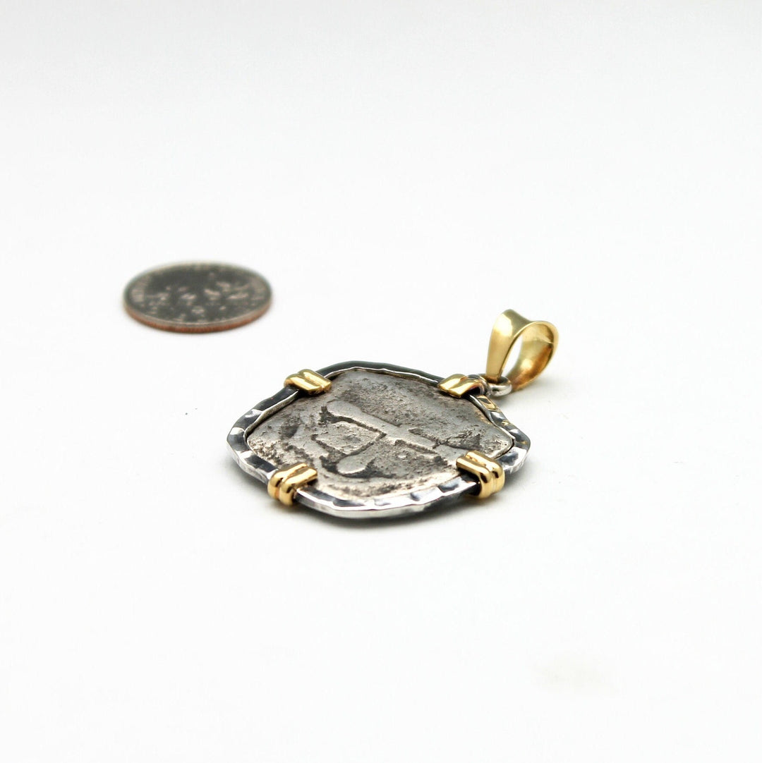 18K Gold Prongs, Sterling Silver Pendant, 1715 Fleet, Spanish Shipwreck Coin, ID14046