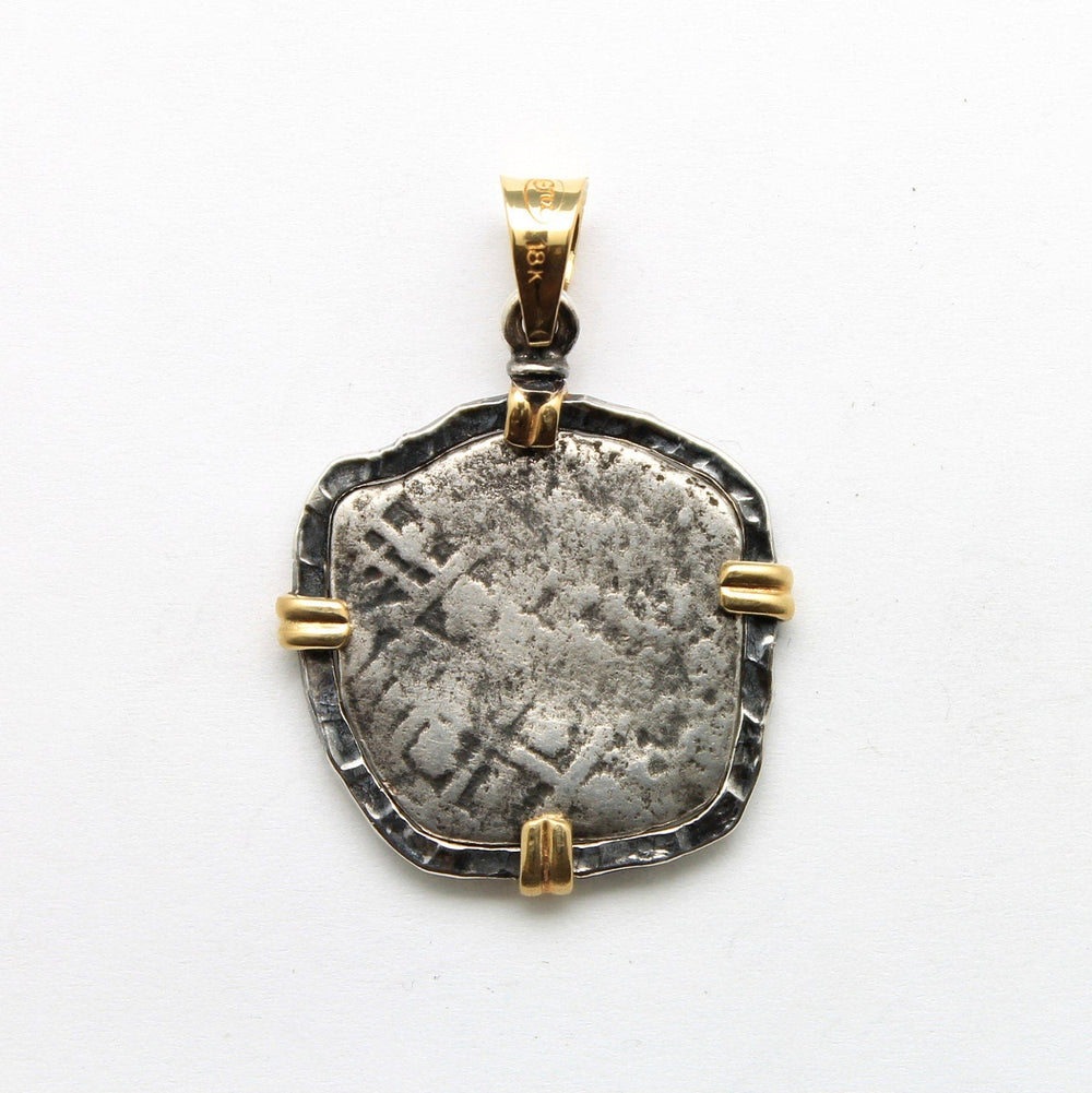 18K Gold Prongs, Sterling Silver Pendant, 1715 Fleet, Spanish Shipwreck Coin, ID14046