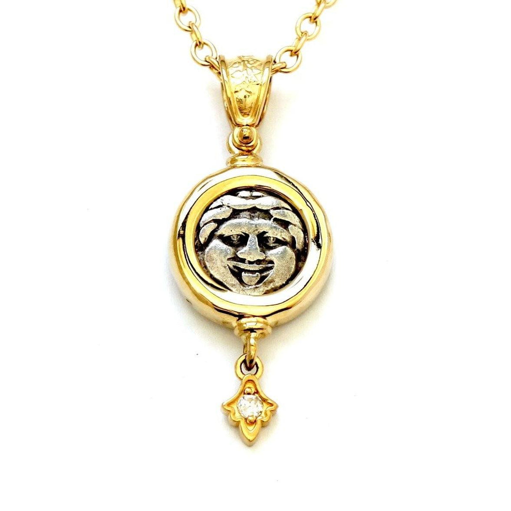 14K Gold Pendant, Diamond 0.04 Ct, Ancient Greek Coin, with Certificate  6449 - Erez Ancient Coin Jewelry 
