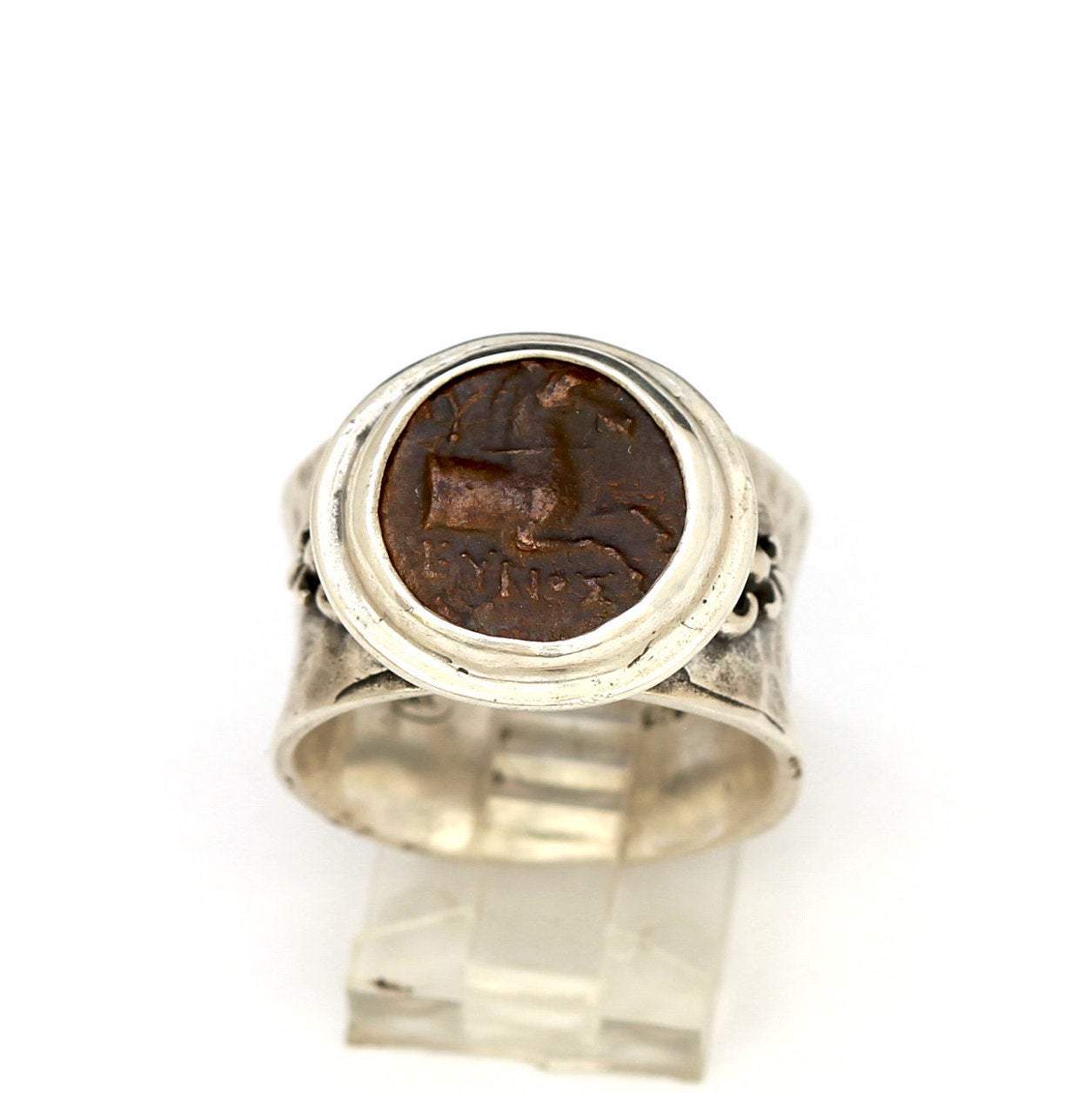 Ancient Greek Coin, Kyme Horse Ring, Silver embellished ring, Genuine Ancient Coin with Certificate  0738 - Erez Ancient Coin Jewelry 