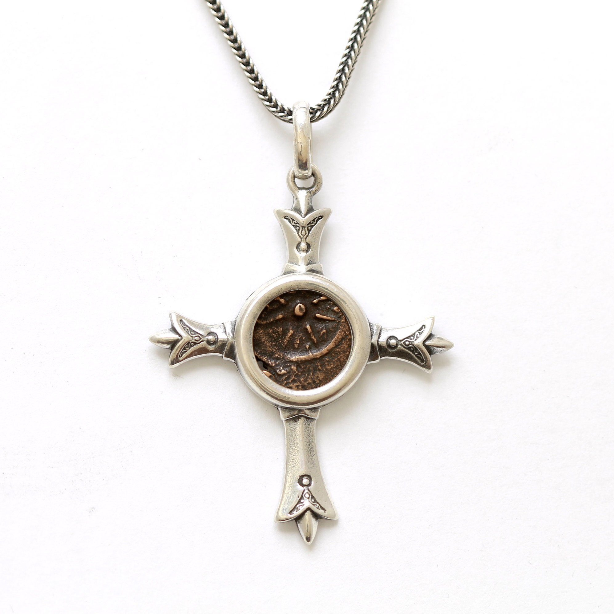 Sterling Silver Cross Pendant, Ancient Judea, Widows Mite,  certificate 8033 - Erez Ancient Coin Jewelry 