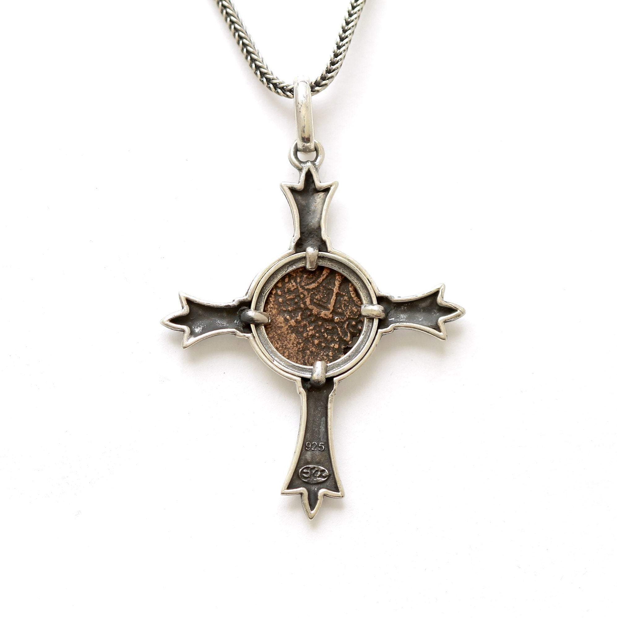 Sterling Silver Cross Pendant, Ancient Judea, Widows Mite,  certificate 8033 - Erez Ancient Coin Jewelry 