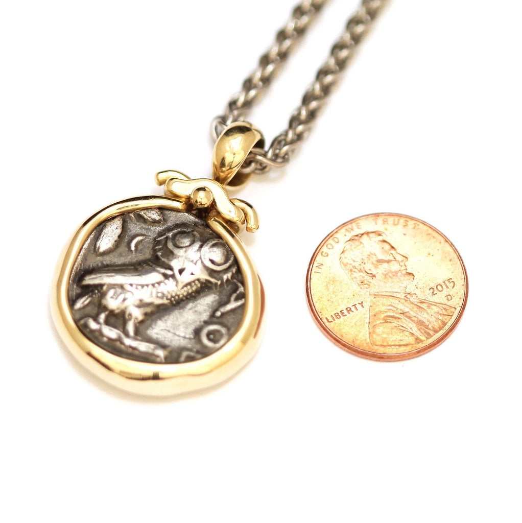 Athena Owl,  Attica 14k Solid Gold Pendant, Coin Pendant, ID12697 - Erez Ancient Coin Jewelry 