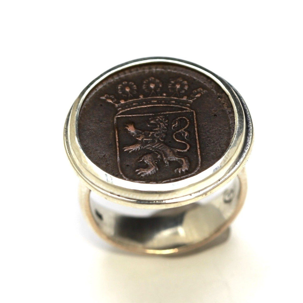 First New York Penny, Dutch Crest, Silver Ring, Genuine Dutch VOC from 1800s, with Certificate 2123 - Erez Ancient Coin Jewelry 