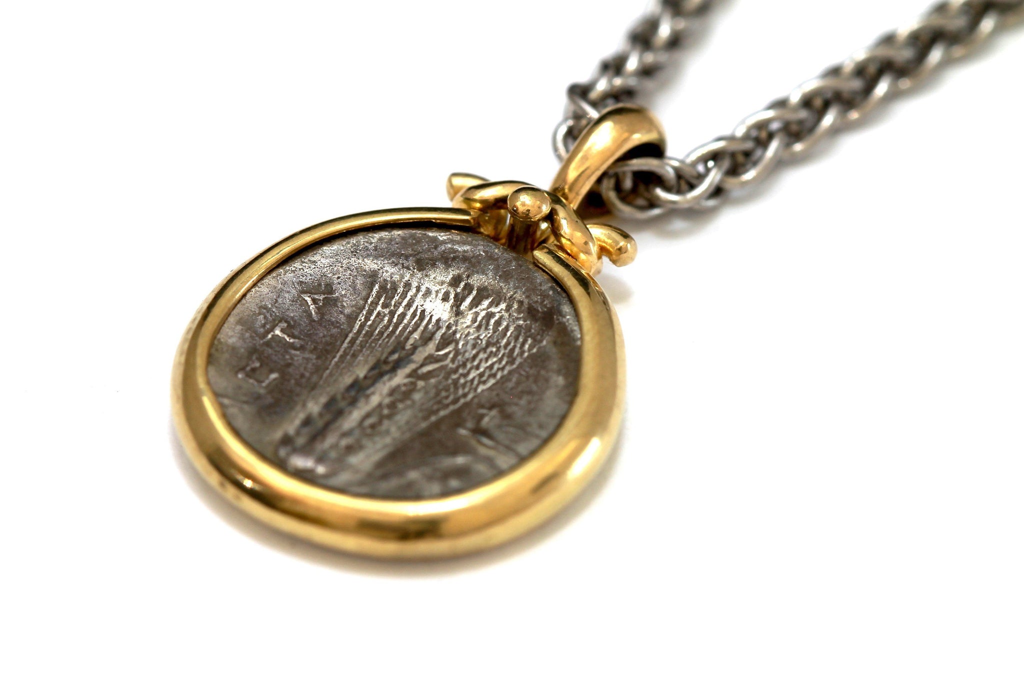 18K Gold Pendant, Silver Chain, Ancient Greek Coin, Certificate 6451 - Erez Ancient Coin Jewelry 