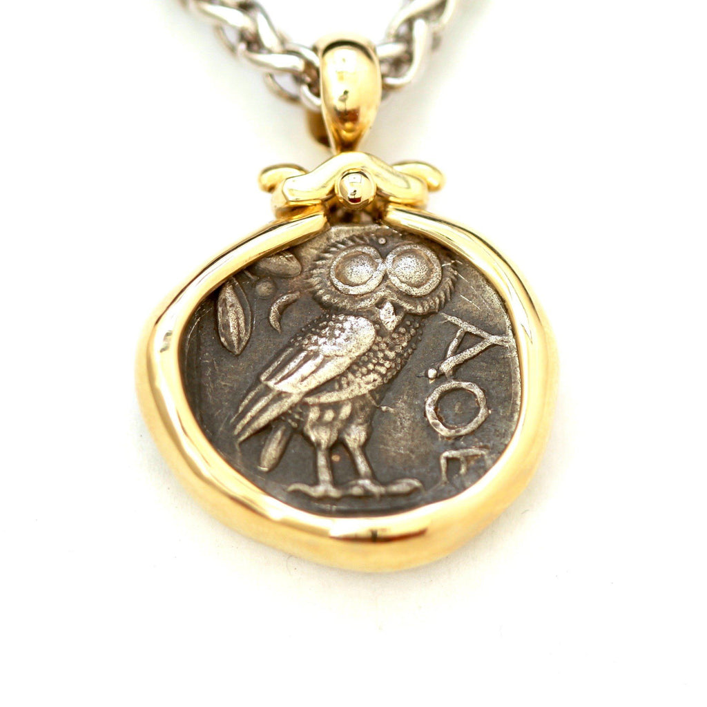 14K Pendant, Sterling Silver Chain, Greek Athena Owl, Certificate ID13104 - Erez Ancient Coin Jewelry 