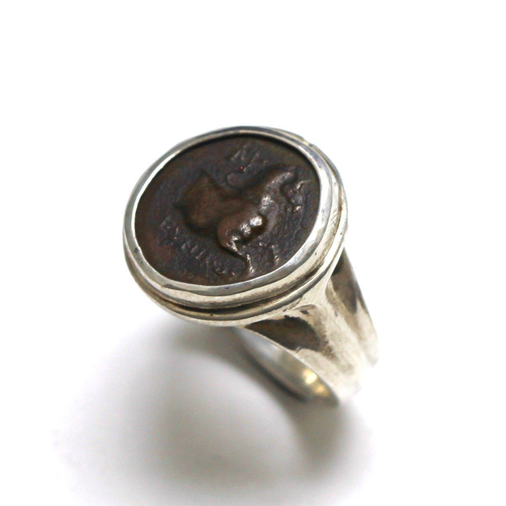 Kyme Greek Coin Ring, Sterling Silver, Genuine Ancient Coin with Certificate  R-40 - Erez Ancient Coin Jewelry 