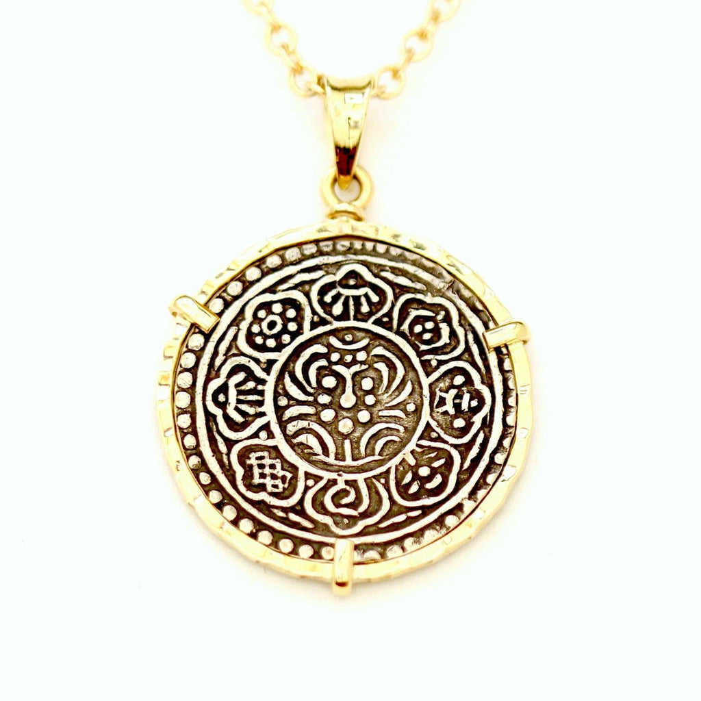 14K Gold Pendant, Mantra Necklace, Meditation Talisman, Tibet Tangka, 6750 - Erez Ancient Coin Jewelry 