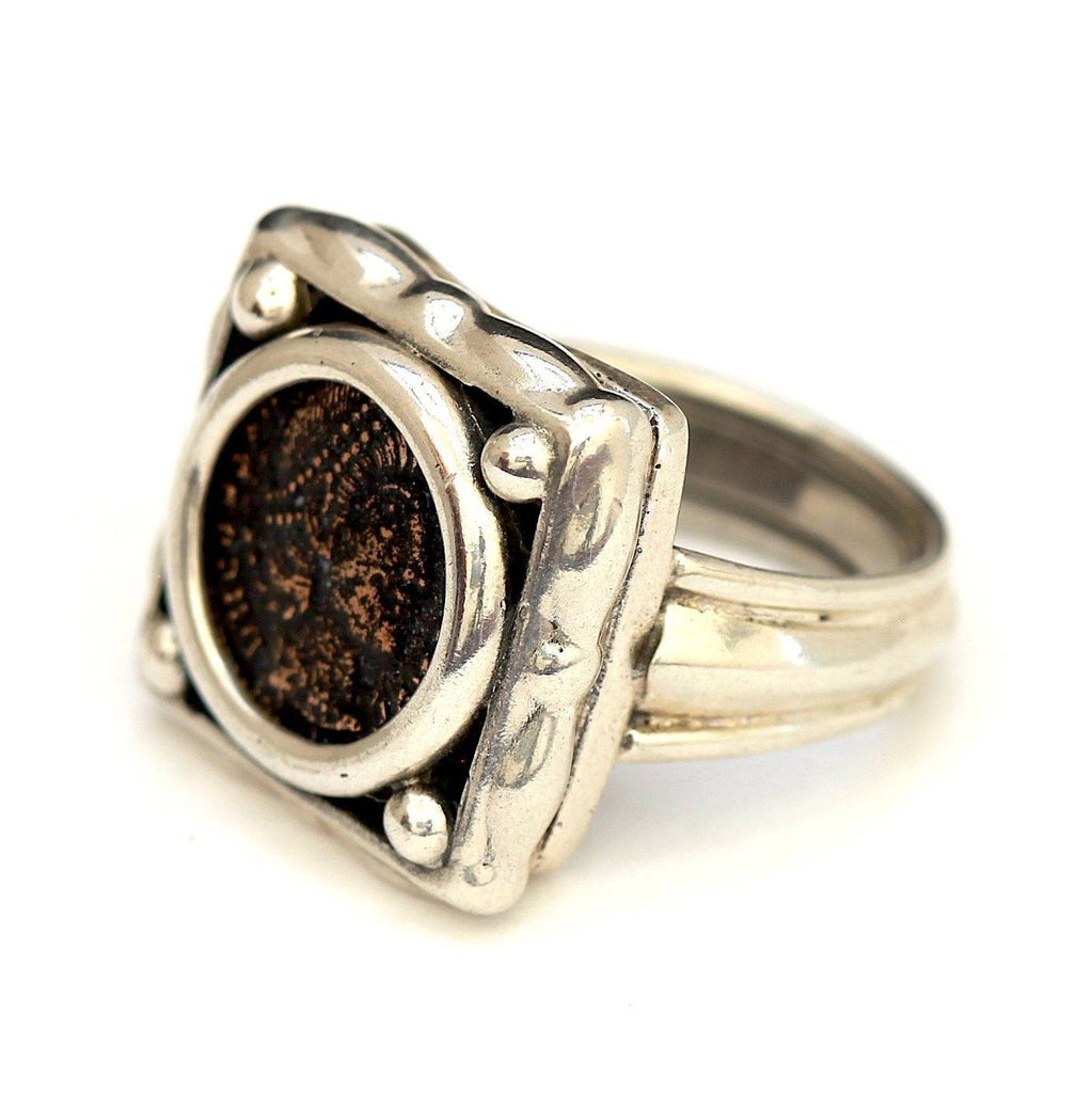 Roman Bronze Coin, Square Sterling Silver Ring, Genuine Ancient Coin, with Certificate 8084 - Erez Ancient Coin Jewelry 