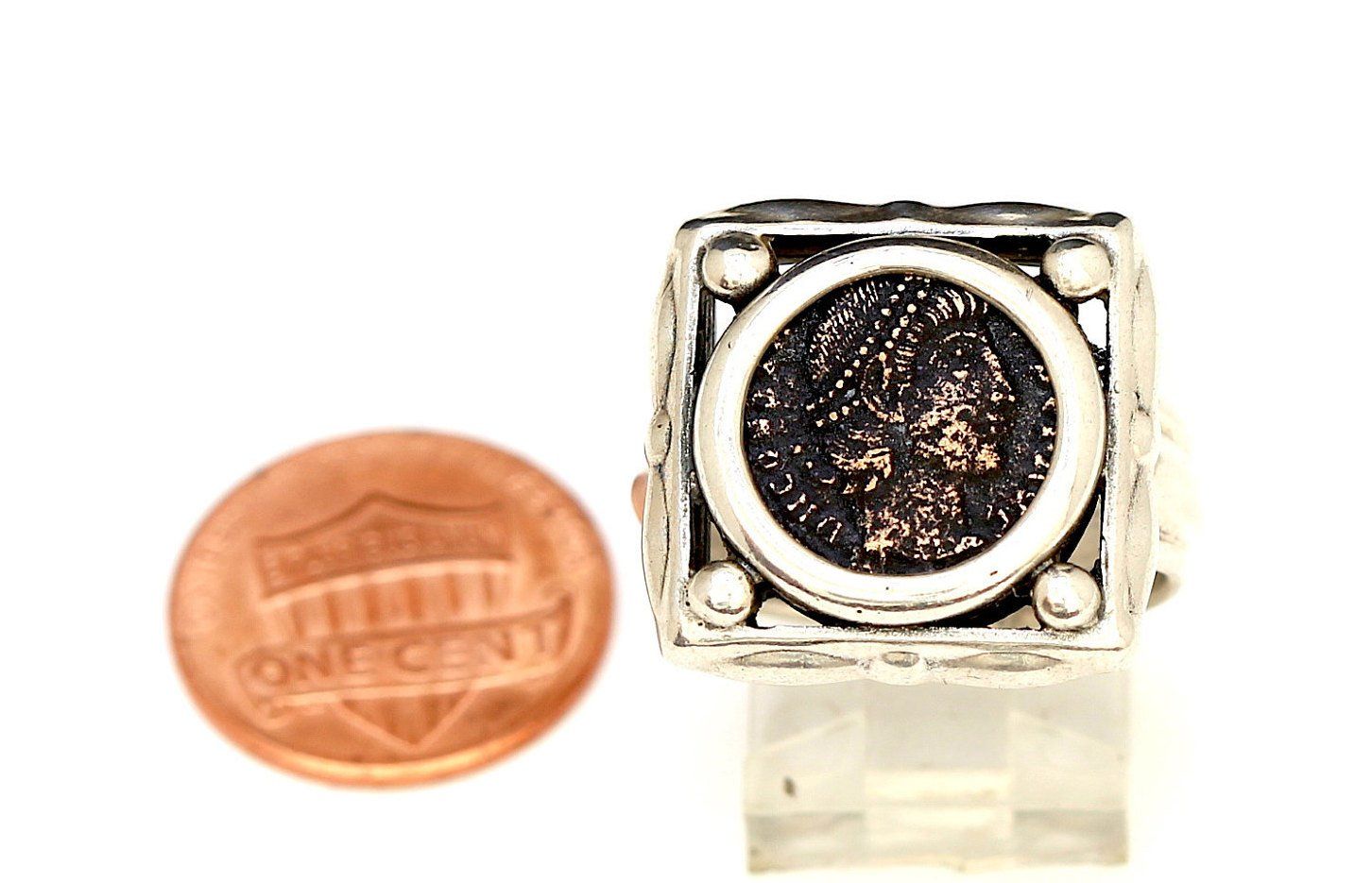 Roman Bronze Coin, Square Sterling Silver Ring, Genuine Ancient Coin, with Certificate 8084 - Erez Ancient Coin Jewelry 