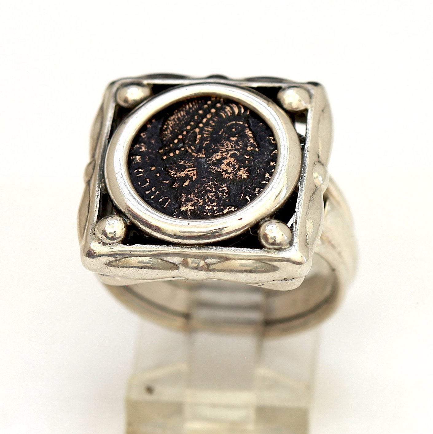 Roman Bronze Coin, Square Sterling Silver Ring, Genuine Ancient Coin, with Certificate 8084 - Erez Ancient Coin Jewelry 
