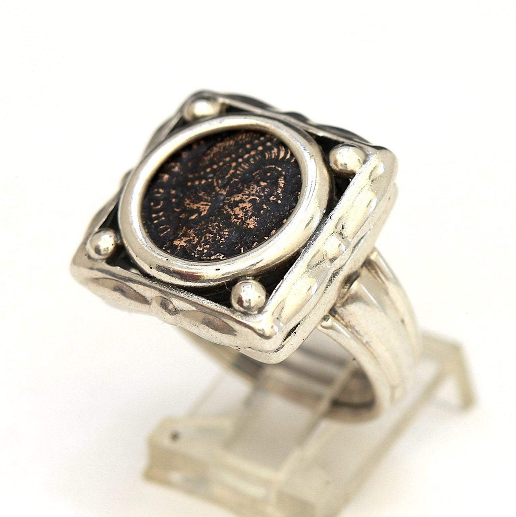 Roman Bronze Coin, Square Sterling Silver Ring, Genuine Ancient Coin, with Certificate 8084 - Erez Ancient Coin Jewelry 