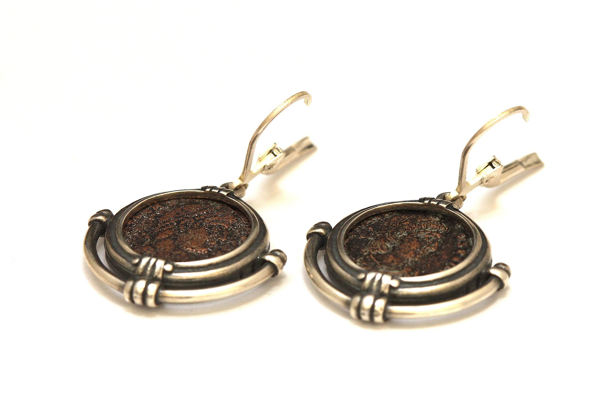 Roman Bronze Coins, Silver Earrings, Genuine Ancient Coins, with Certificate 6572 - Erez Ancient Coin Jewelry 
