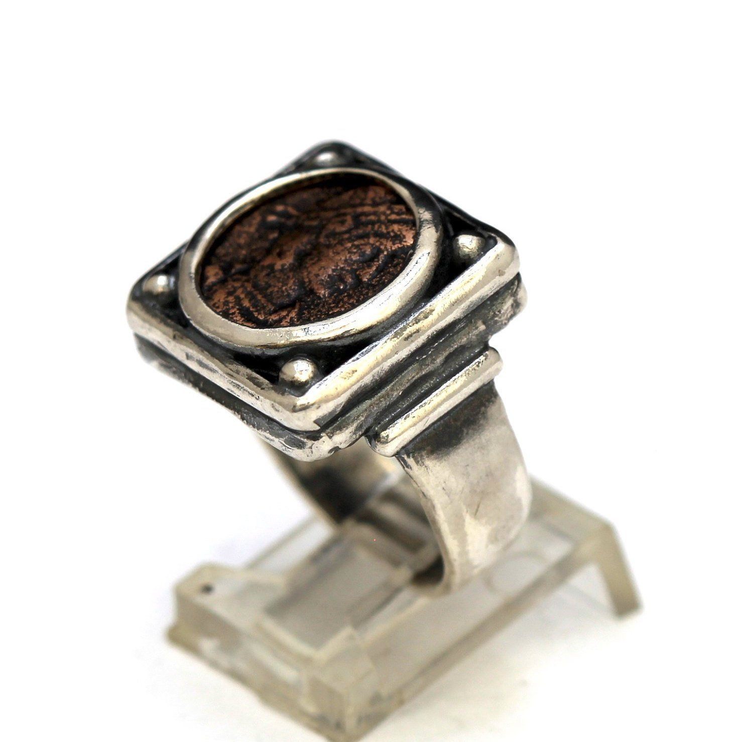 Roman Bronze,  Square Sterling Silver Ring, Genuine Ancient coin, with certificate 8008 - Erez Ancient Coin Jewelry 