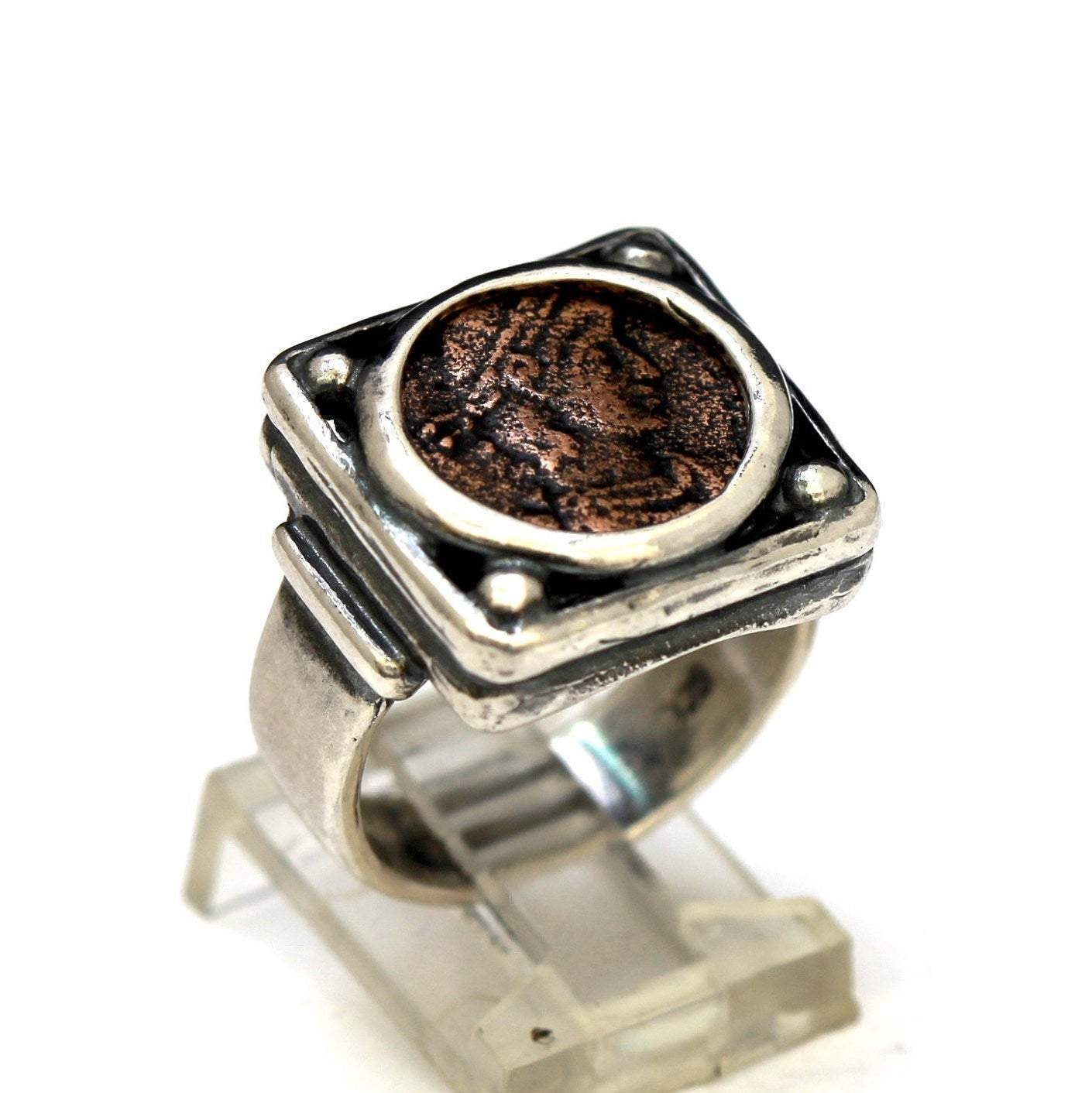 Roman Bronze,  Square Sterling Silver Ring, Genuine Ancient coin, with certificate 8008 - Erez Ancient Coin Jewelry 
