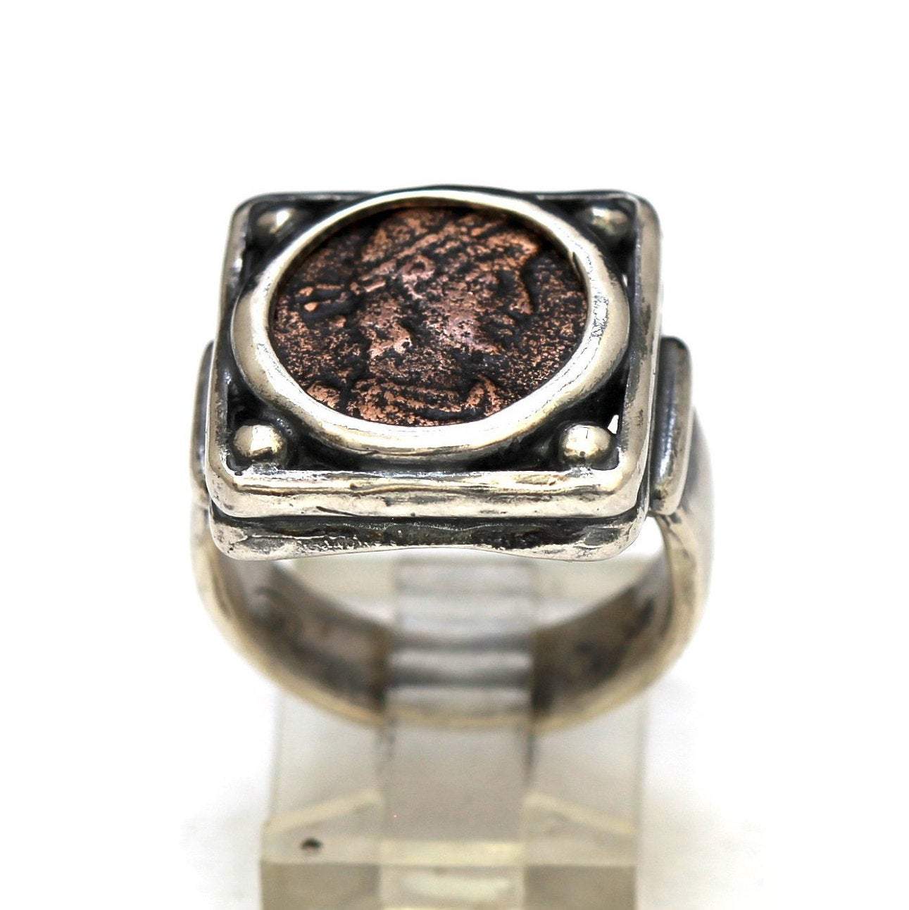 Roman Bronze,  Square Sterling Silver Ring, Genuine Ancient coin, with certificate 8008 - Erez Ancient Coin Jewelry 