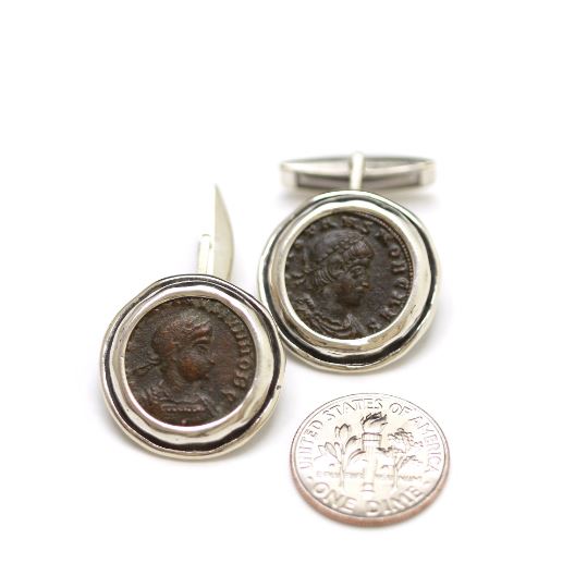 Silver Cufflinks, Constantine II Roman Bronze Coins, 6844 - Erez Ancient Coin Jewelry 