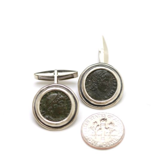 Silver Cufflinks, Roman Bronze Coins, 6529 - Erez Ancient Coin Jewelry 