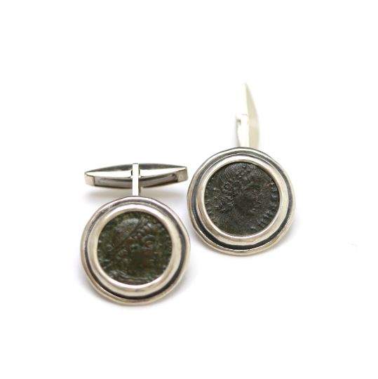 Silver Cufflinks, Roman Bronze Coins, 6529 - Erez Ancient Coin Jewelry 