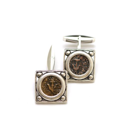 Silver Square Cufflinks, Widows Mite Coins, 6849 - Erez Ancient Coin Jewelry 