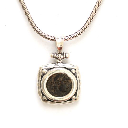 Silver Square Pendant, Roman Bronze Coin, 6922 - Erez Ancient Coin Jewelry 