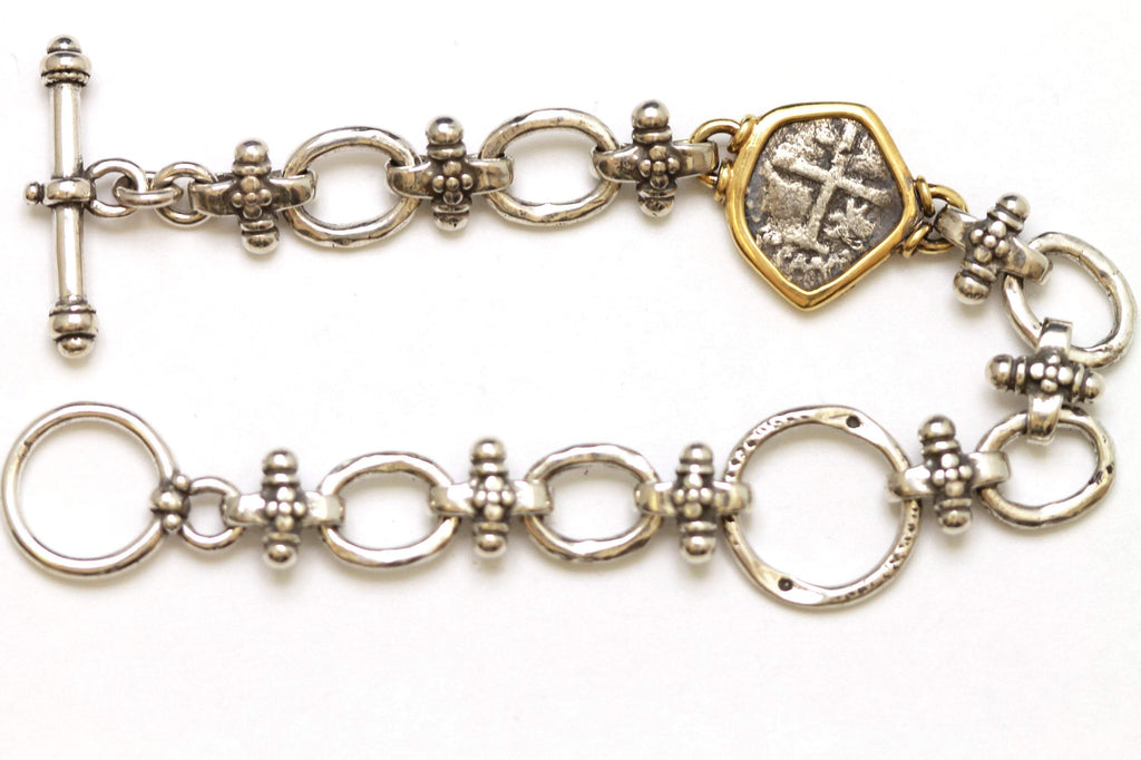 Spanish 1/2 Real, 18K Gold and Silver Link Bracelet, Ancient Coin, ID13398