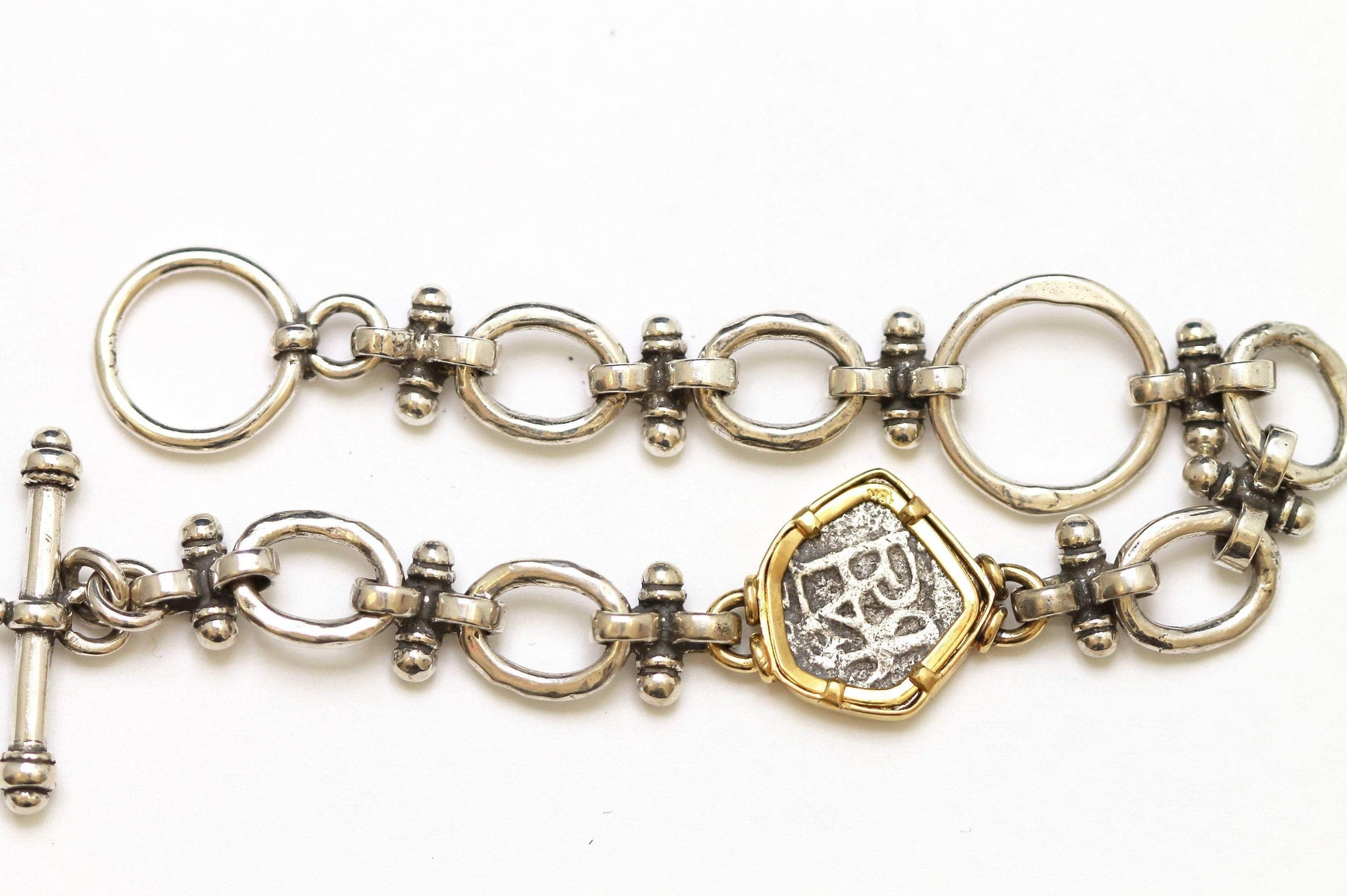 Spanish 1/2 Real, 18K Gold and Silver Link Bracelet, Ancient Coin, ID13398