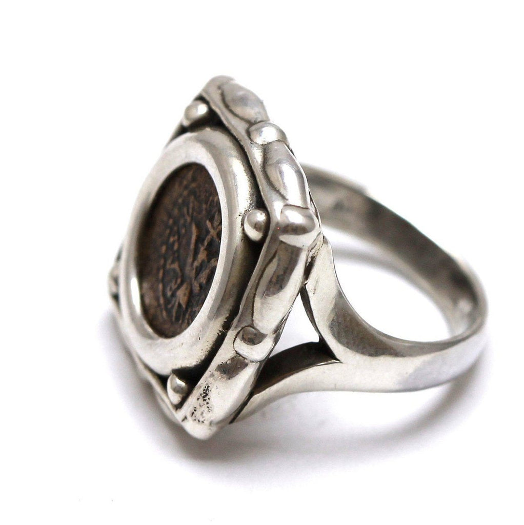 Square Sterling Silver Ring, Widows Mite, Genuine Ancient Prutah Coin, 7093
