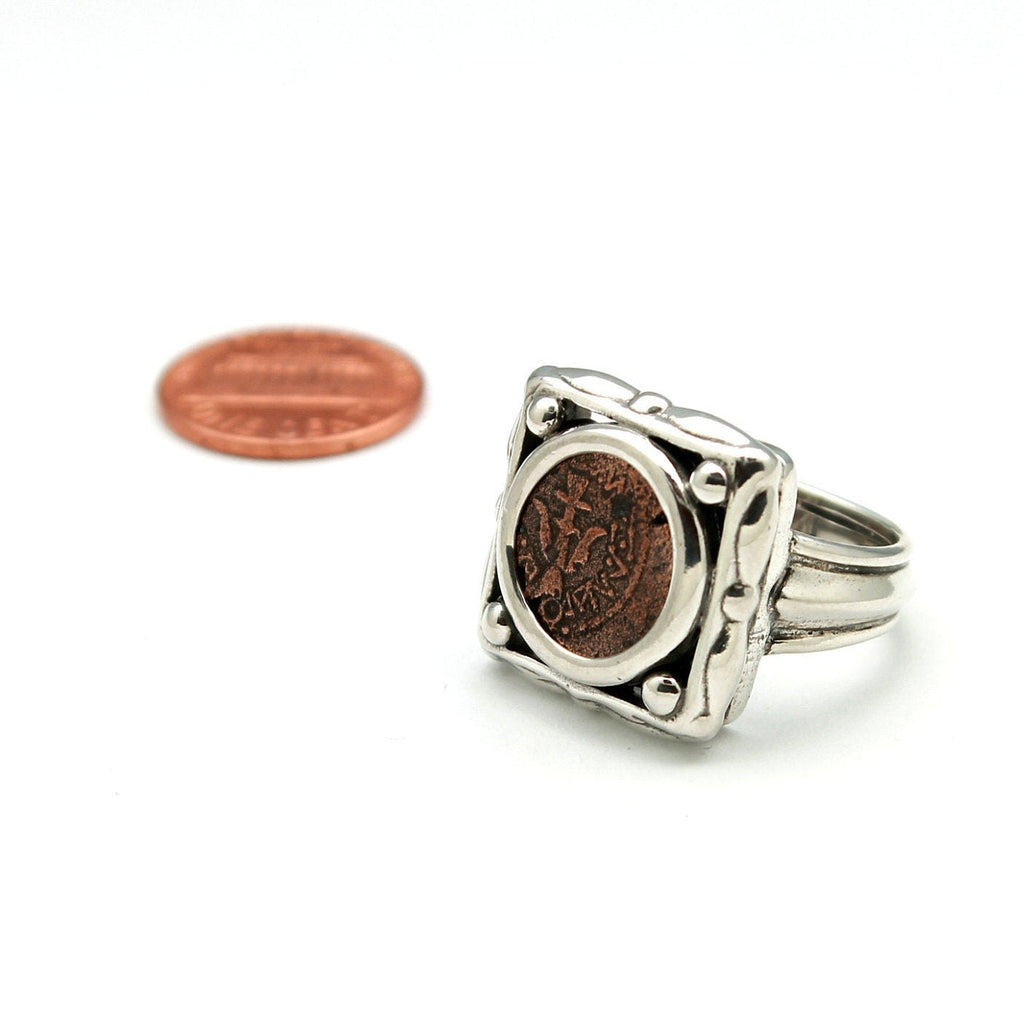 Square Sterling Silver Ring, Widows Mite, Genuine Ancient Prutah Coin, 7268