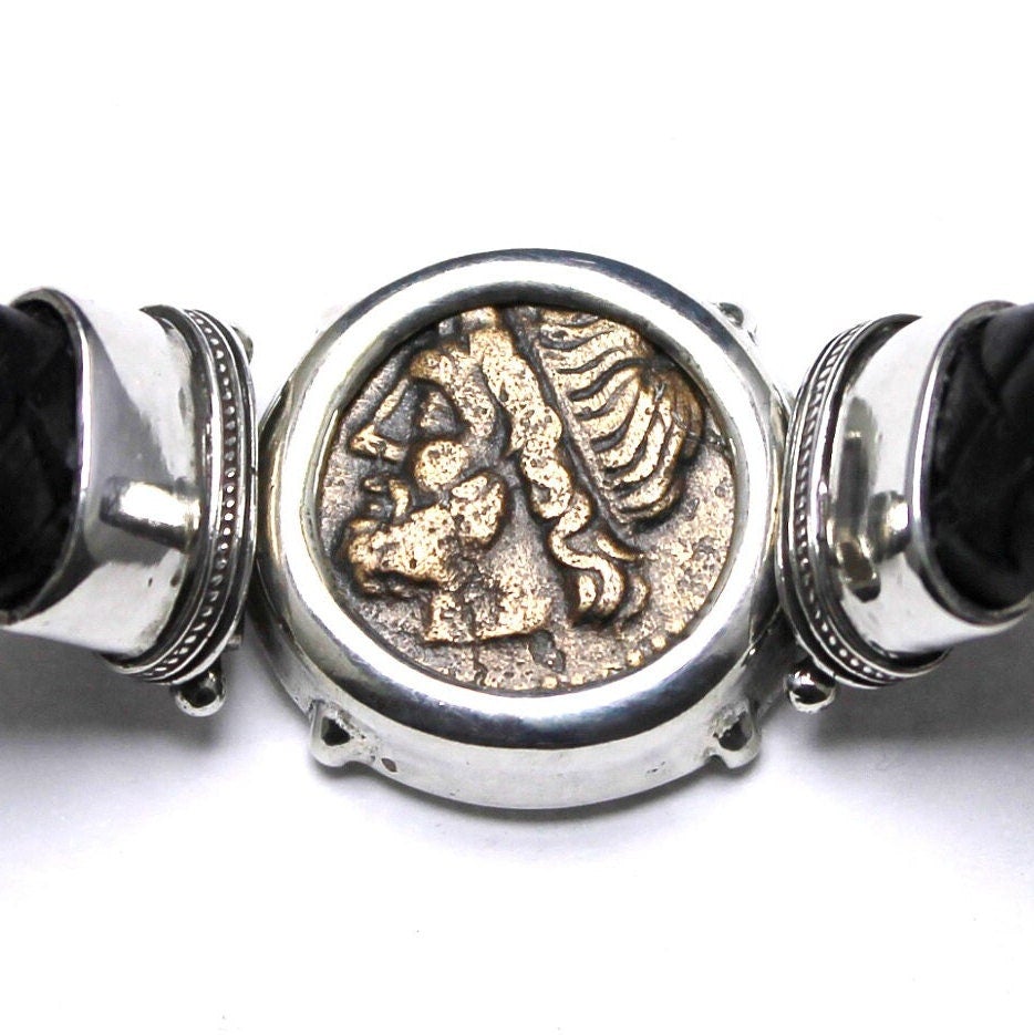 Sterling Silver and Leather Bracelet, Hieron II, Poseidon and Triden, Ancient Bronze Coin, 7198