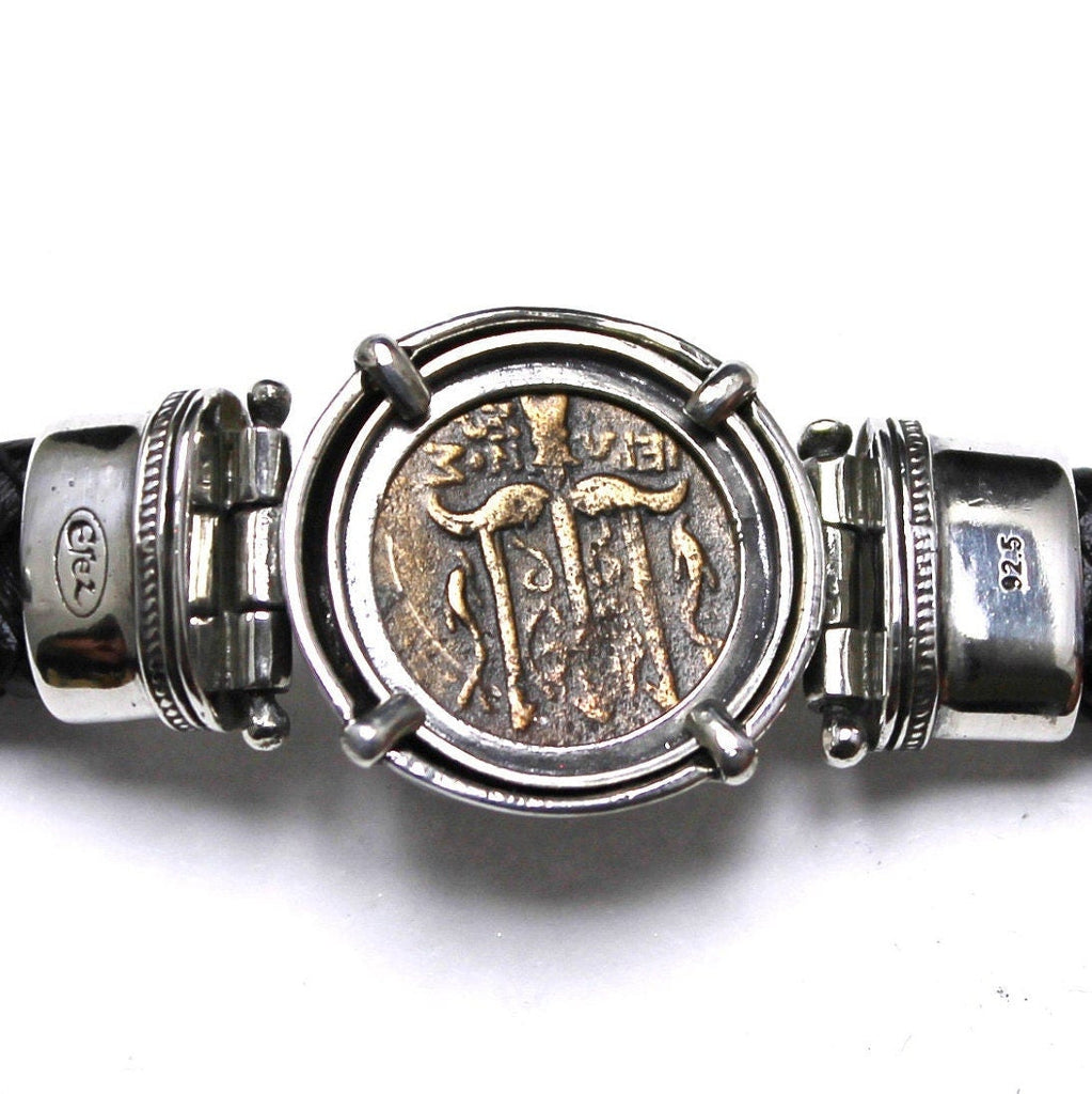 Sterling Silver and Leather Bracelet, Hieron II, Poseidon and Triden, Ancient Bronze Coin, 7198
