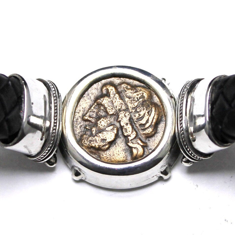 Sterling Silver and Leather Bracelet, Hieron II, Poseidon and Triden, Ancient Bronze Coin, 7199