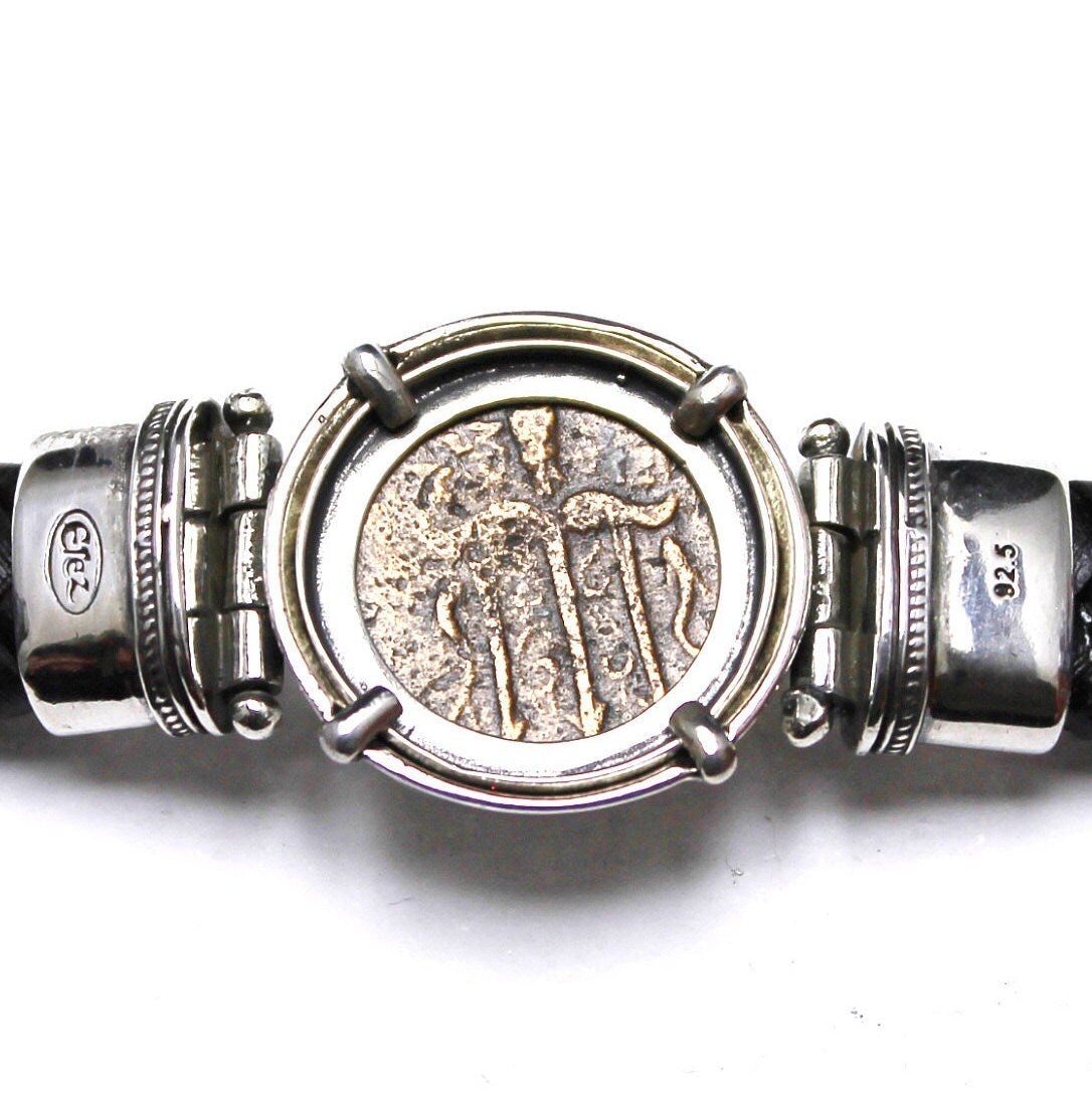 Sterling Silver and Leather Bracelet, Hieron II, Poseidon and Triden, Ancient Bronze Coin, 7199