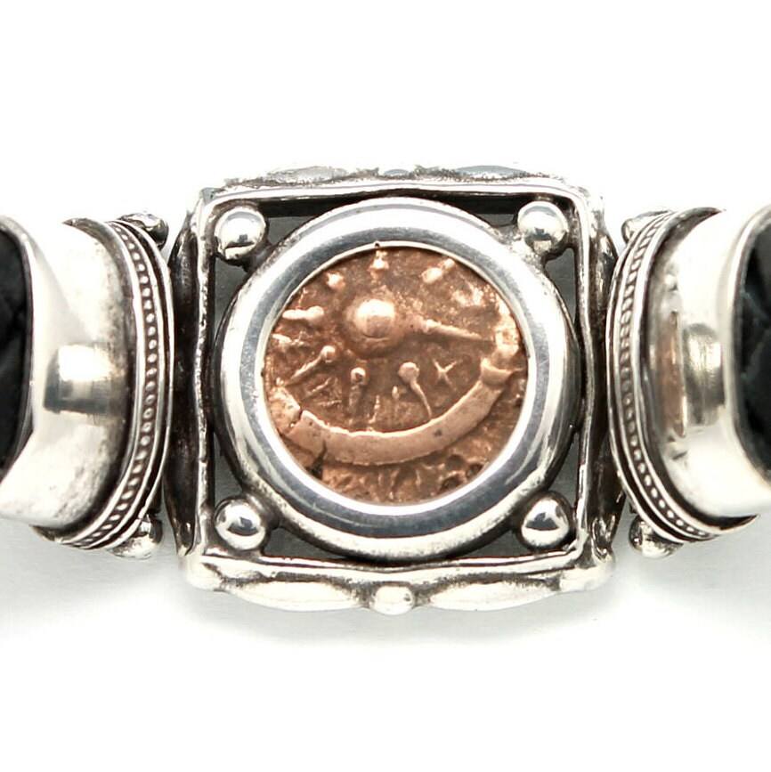 Sterling Silver Bracelet, Leather Band, Widows Mite, Ancient Prutah Coin, 7277