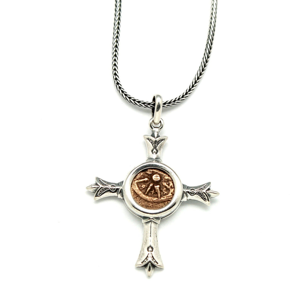 Sterling Silver Cross, Widows Mite, Genuine Ancient Coin, 7249