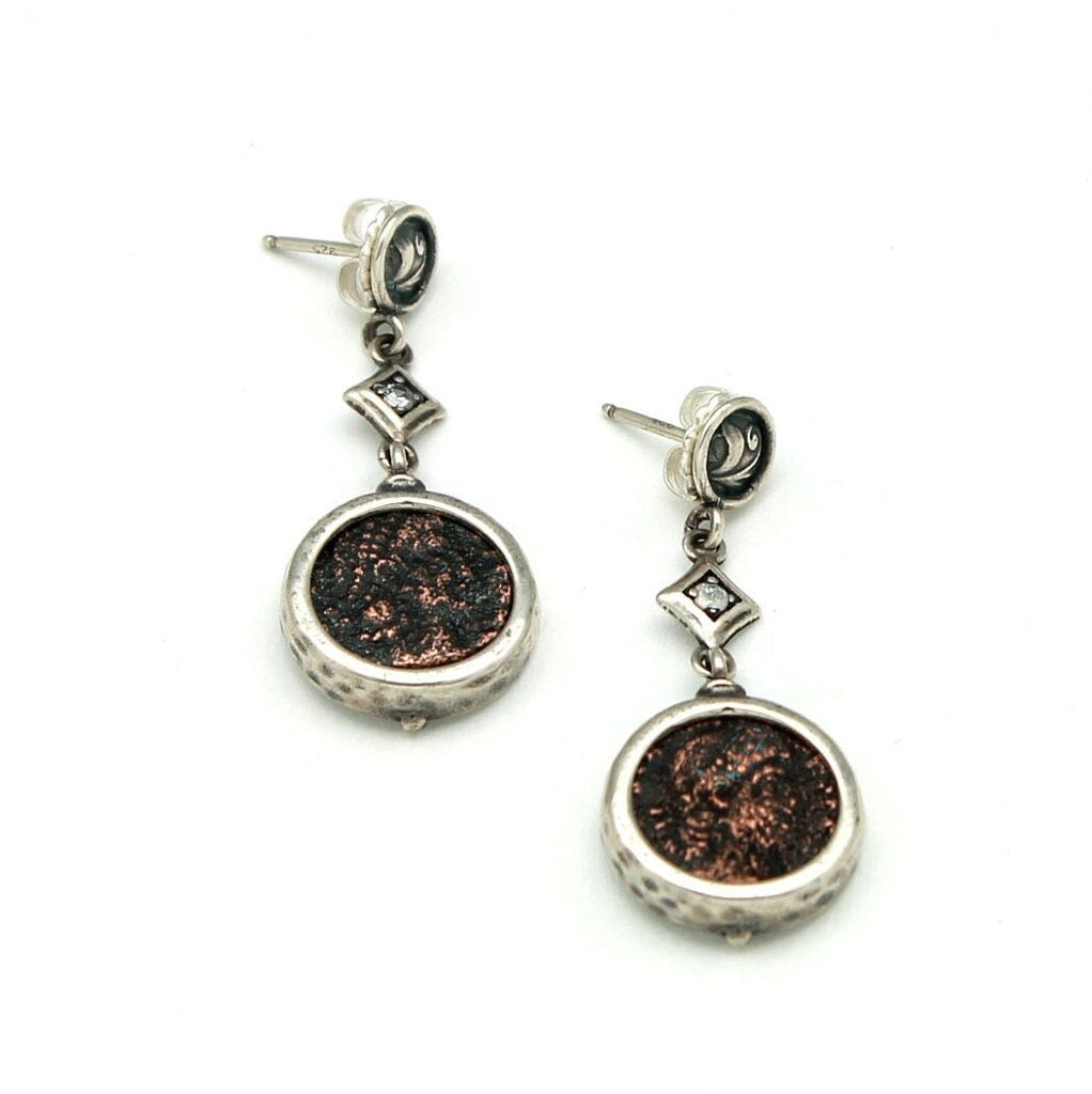 Sterling Silver Earrings, CZ Accents, Roman Bronze Coins, 2066