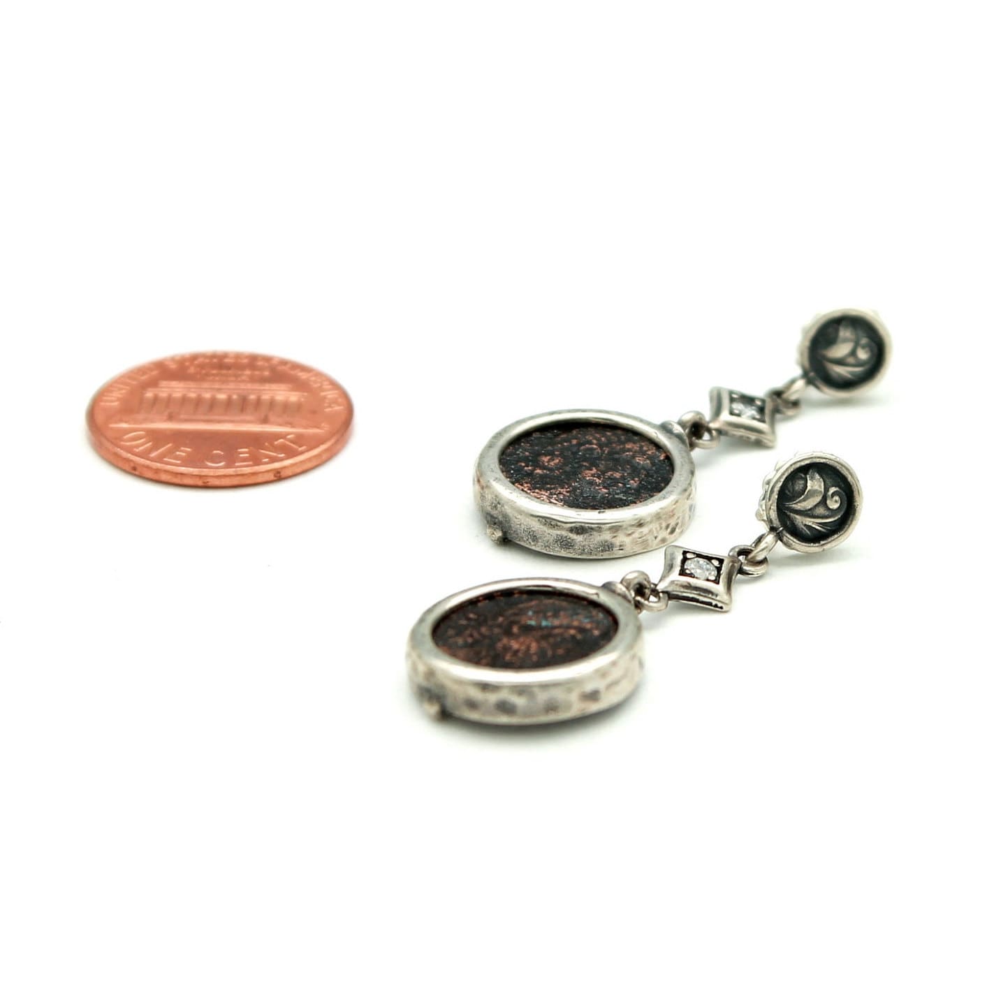 Sterling Silver Earrings, CZ Accents, Roman Bronze Coins, 2066