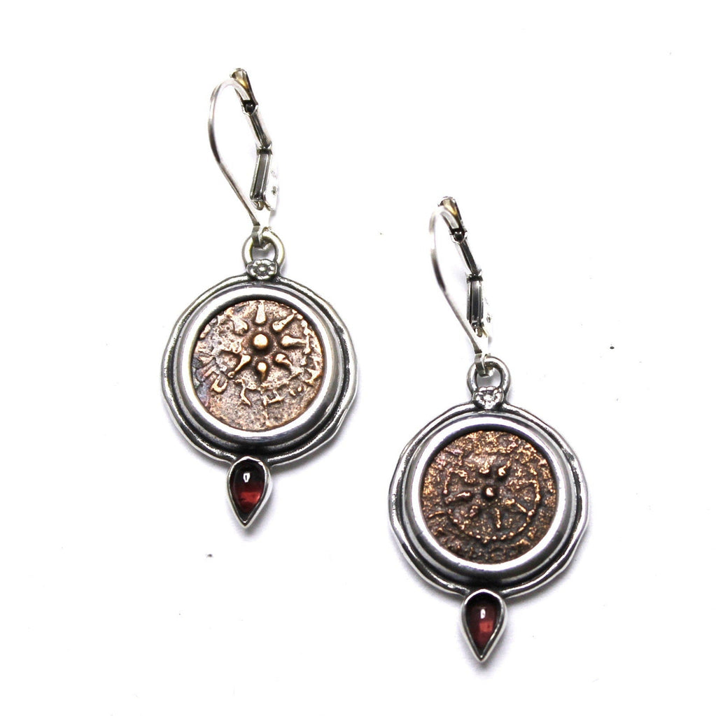 Sterling Silver Earrings, Garnet Accents, Widows Mite Prutah Coins, 7195
