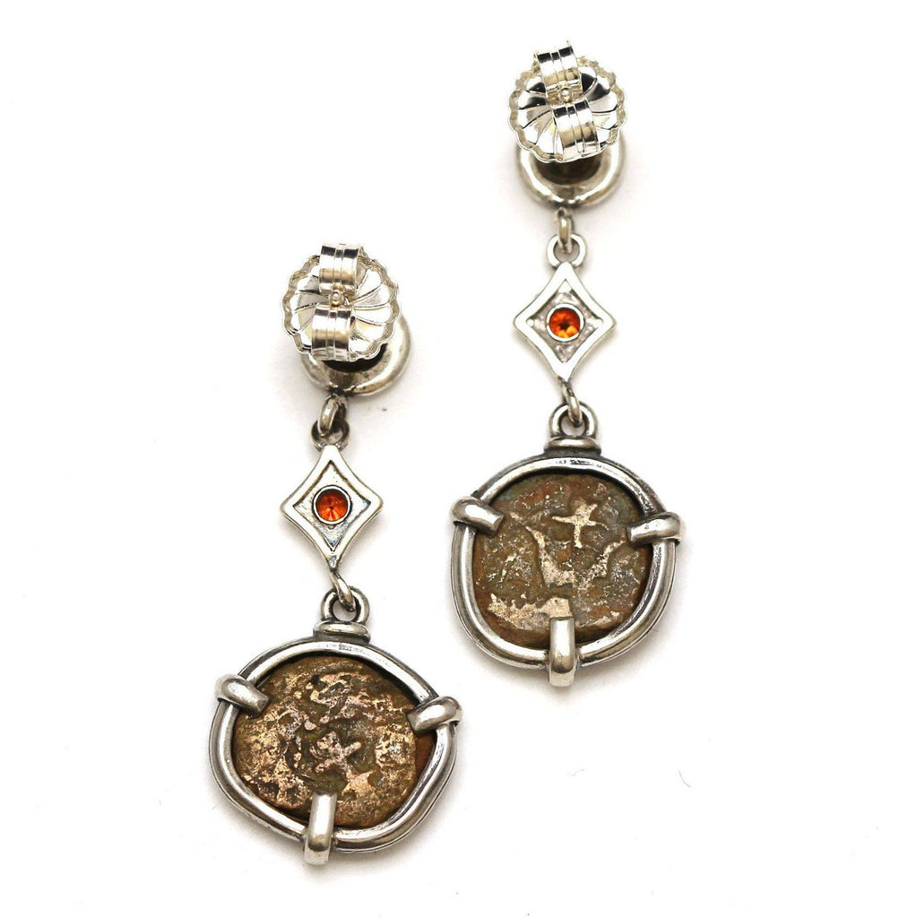 Sterling Silver Earrings, Ruby Accents, Widows Mite Prutah Coins, 7042
