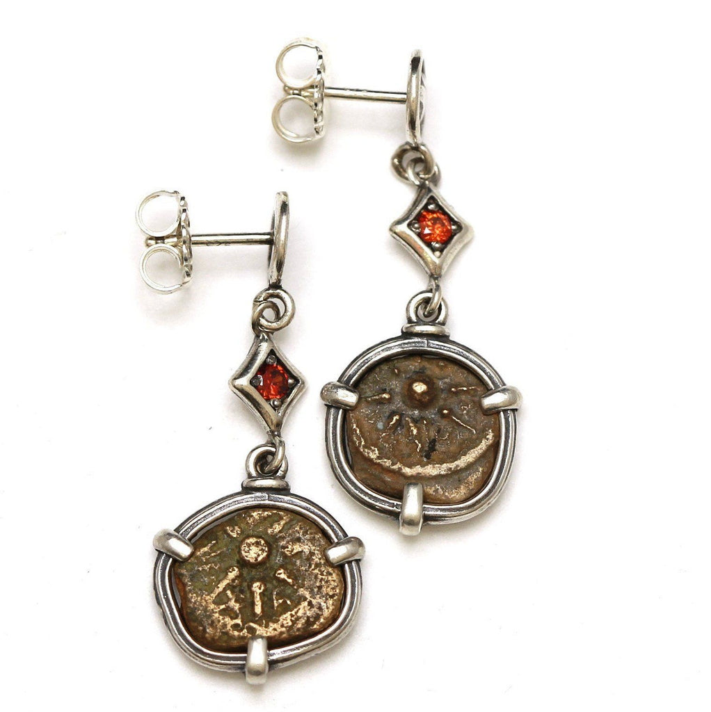 Sterling Silver Earrings, Ruby Accents, Widows Mite Prutah Coins, 7042