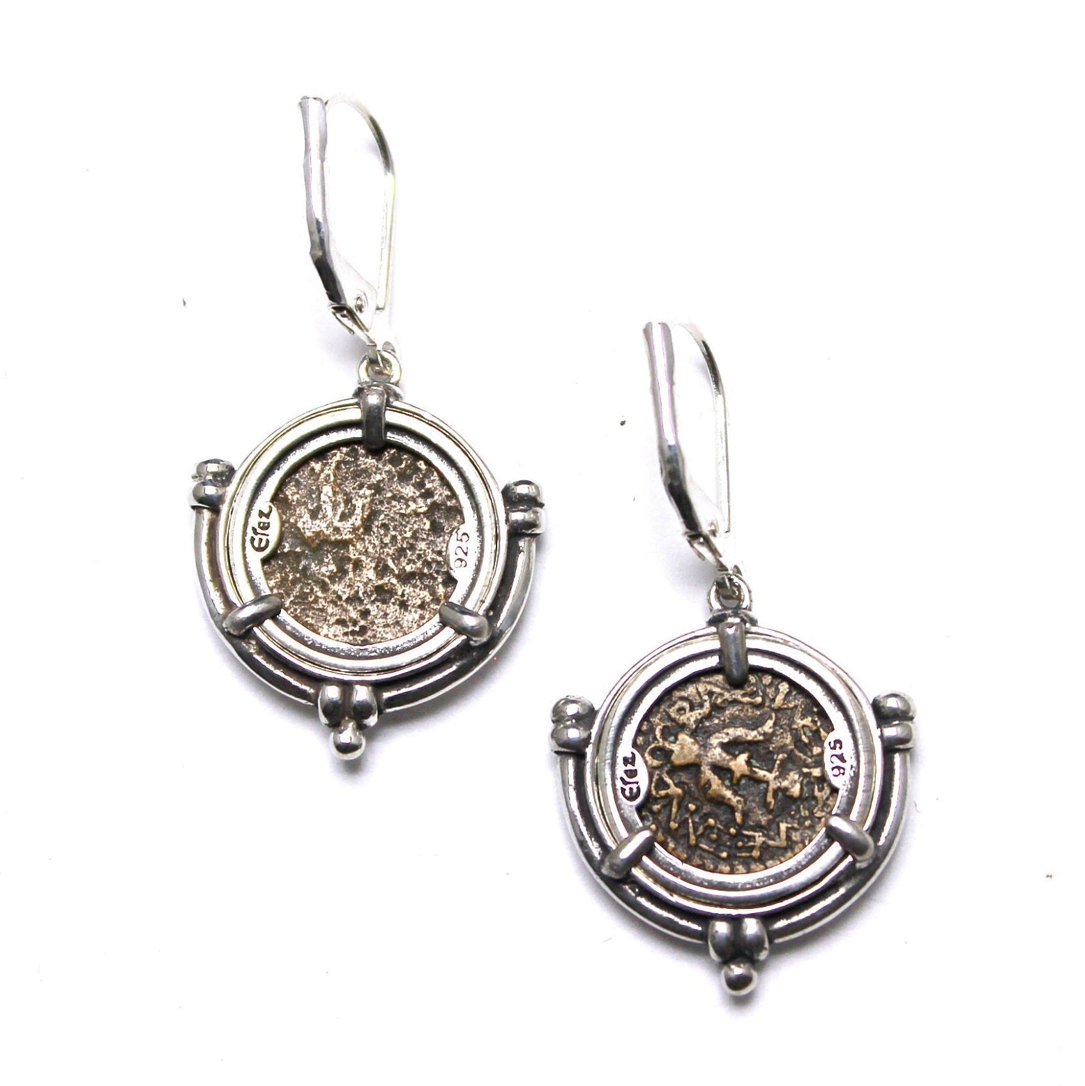 Sterling Silver Earrings, Widows Mite Prutah Coins, 7193