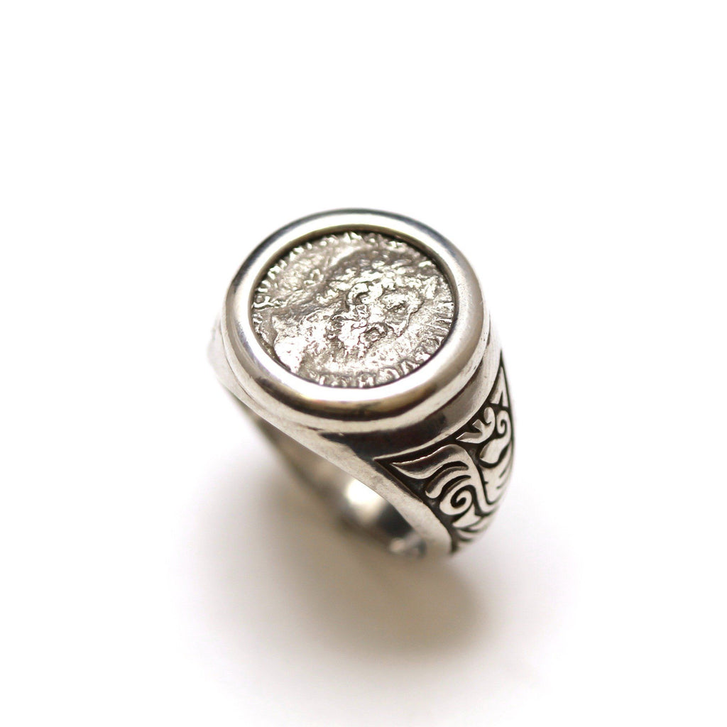 Sterling Silver Engraved Ring, Commodus, Ancient Roman Denarius Coin, ID13360 - Erez Ancient Coin Jewelry 