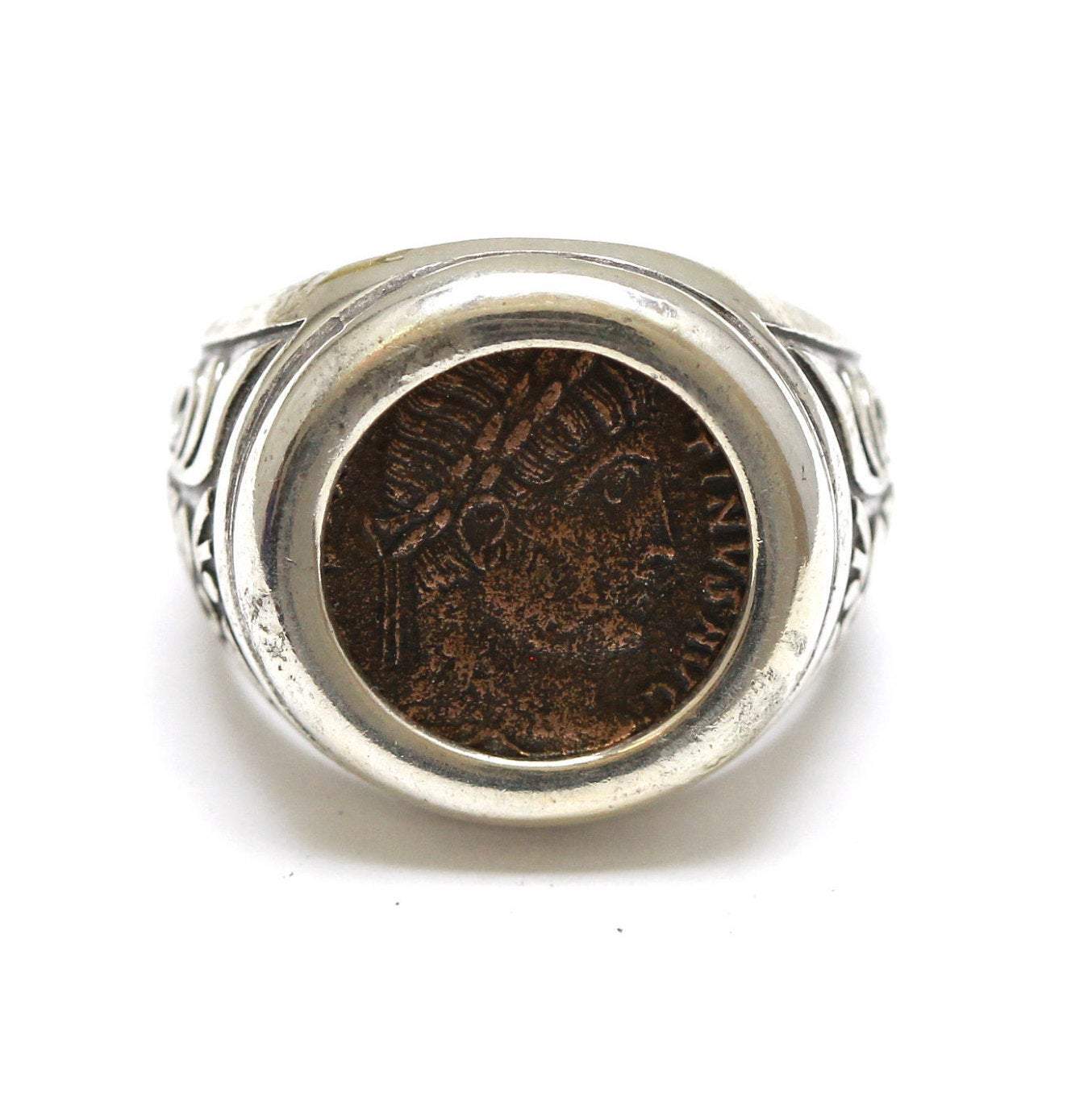 Sterling Silver Engraved Ring, Constantine the Great, Ancient Bronze Coin, 7063