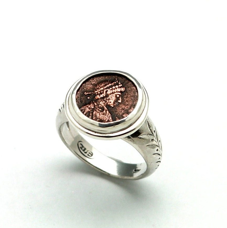 Sterling Silver Engraved Ring, Roman Bronze Ancient Coin, 7302