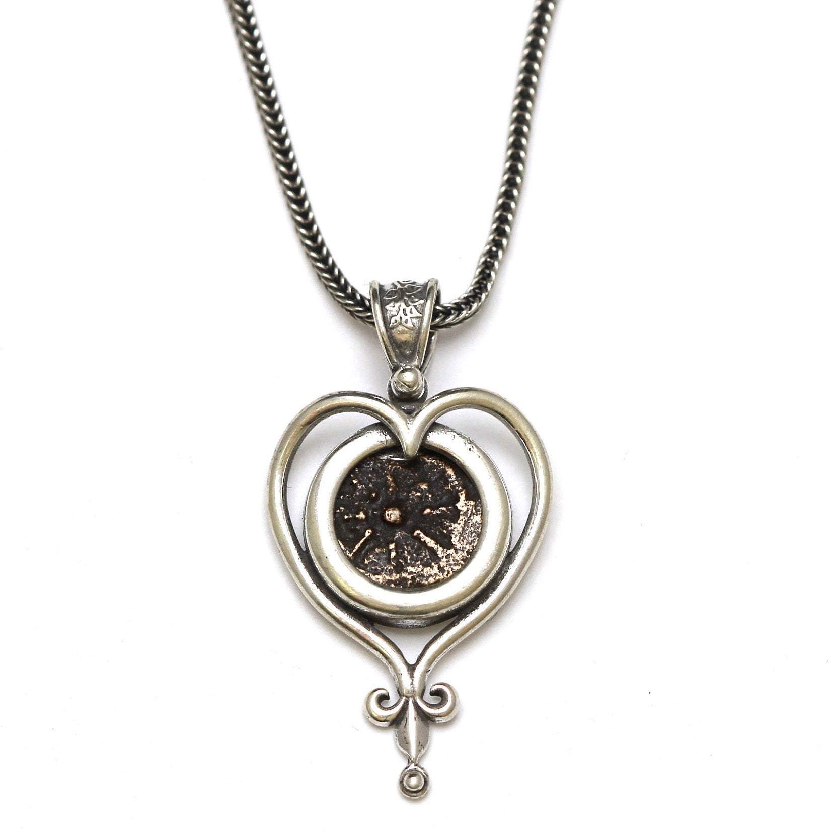 Sterling Silver Heart Pendant, Widows Mite Prutah Coin, 7049