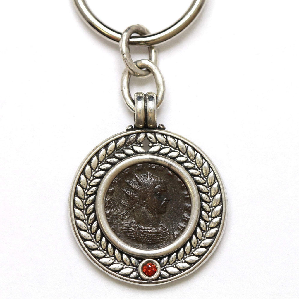 Sterling Silver Keychain, Garnet, Aurelian/Fortuna Coin, 7112