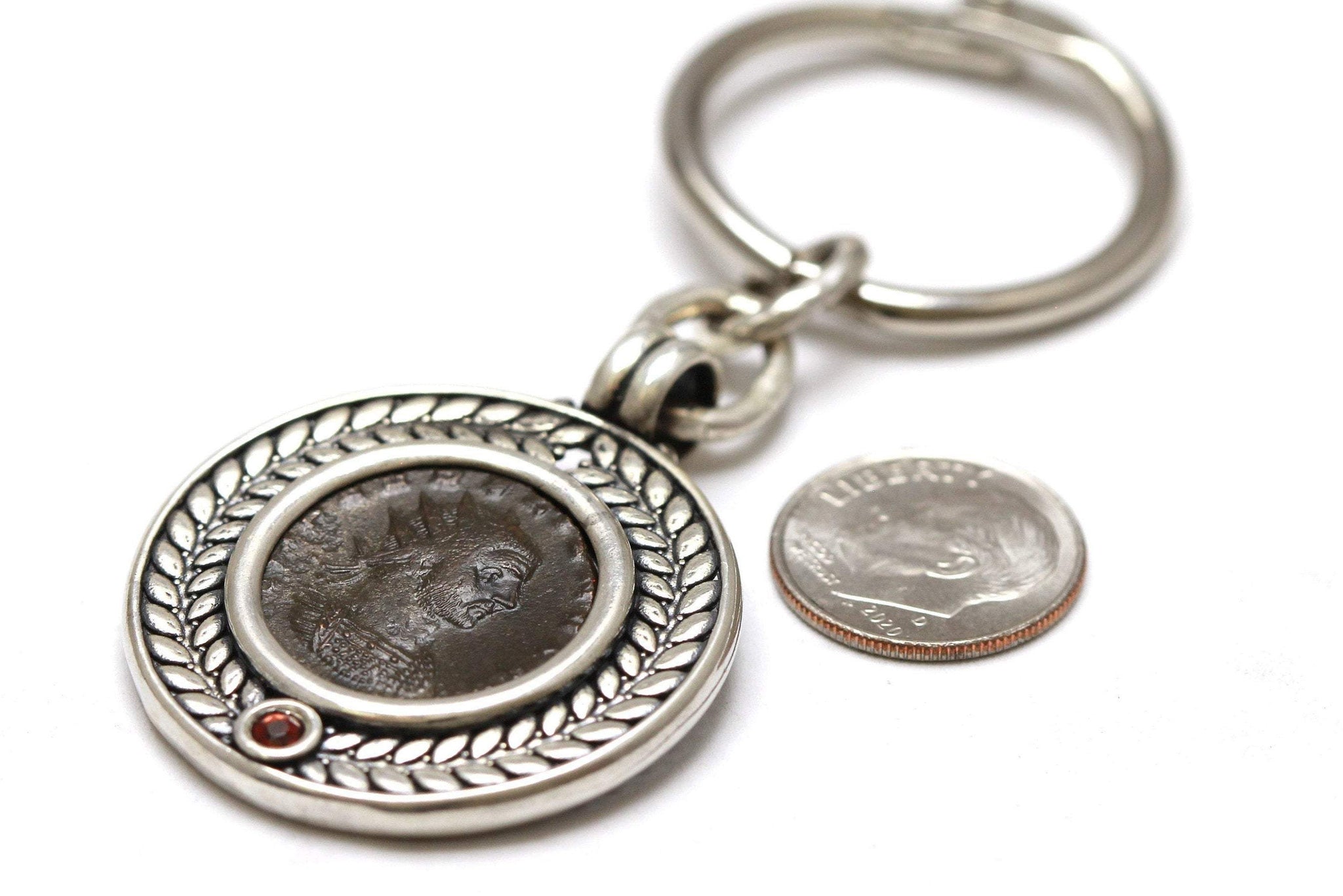 Sterling Silver Keychain, Garnet, Aurelian/Fortuna Coin, 7112