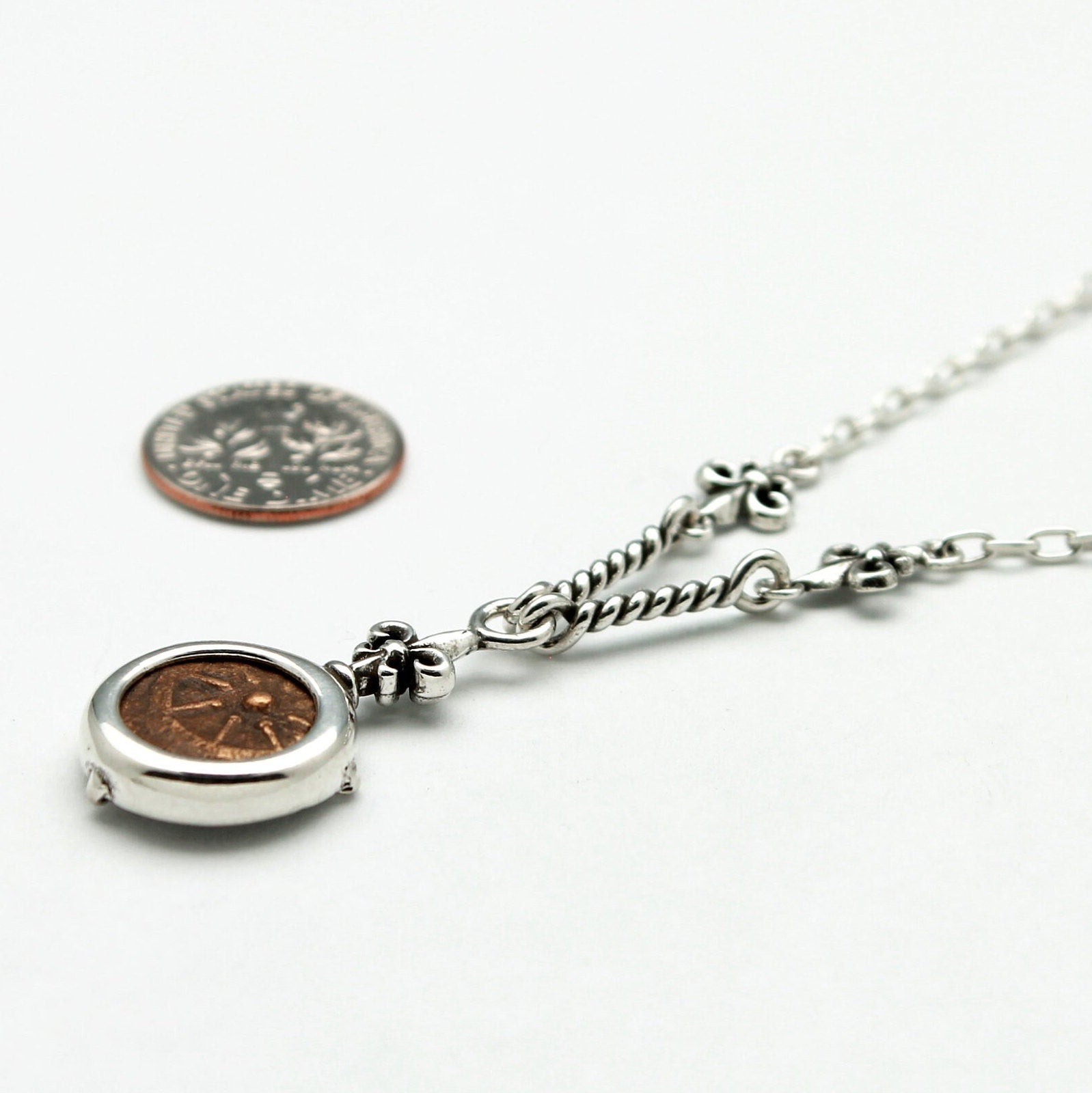 Sterling Silver Necklace, Fleur de Lis, Widows Mite, Genuine Ancient Coin, 7291